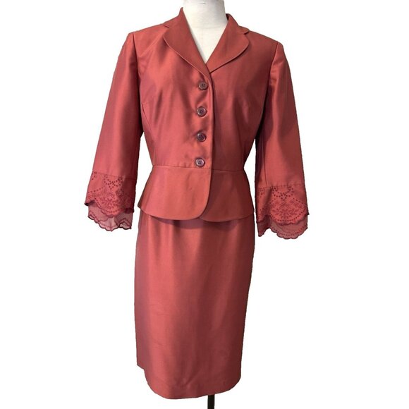 Talbots Silk Skirt & Blazer Suit SILK Dark Berry Pink 10 Lace Trim - Picture 1 of 12